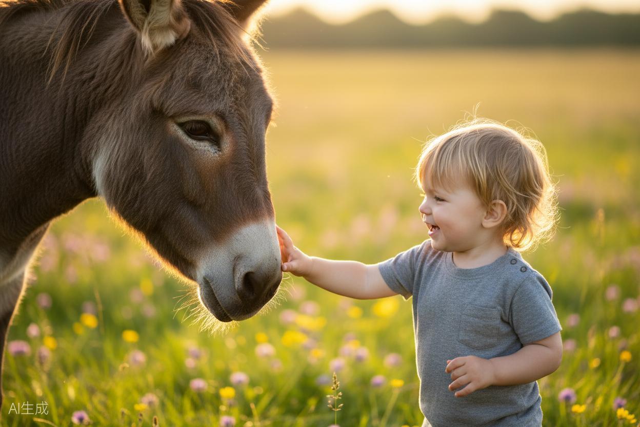 Un enfant decouvre un ane au Pado Ranch